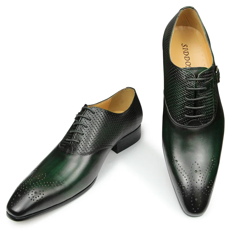 Zapatos de negocios de cuero genuino para hombre, calzado de vestir con cordones Oxfords, punta estrecha, color negro, verde, café