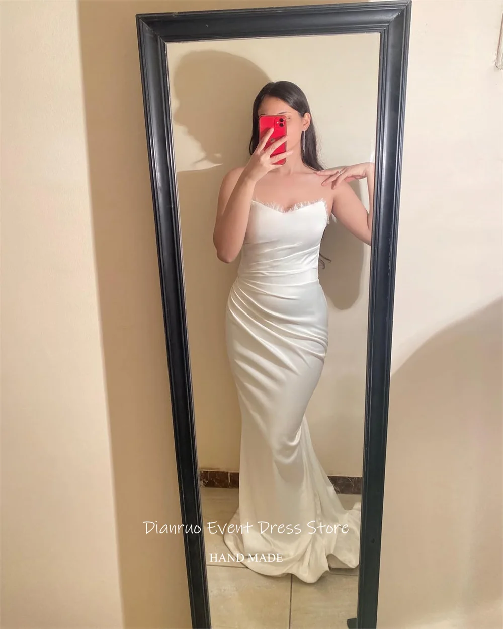 Gaun Pengantin Ruched Putri Duyung Dianruo Gaun Pengantin Satin Modern Gaun Malam Tanpa Lengan Panjang Lantai yang Canggih Dapat Disesuaikan