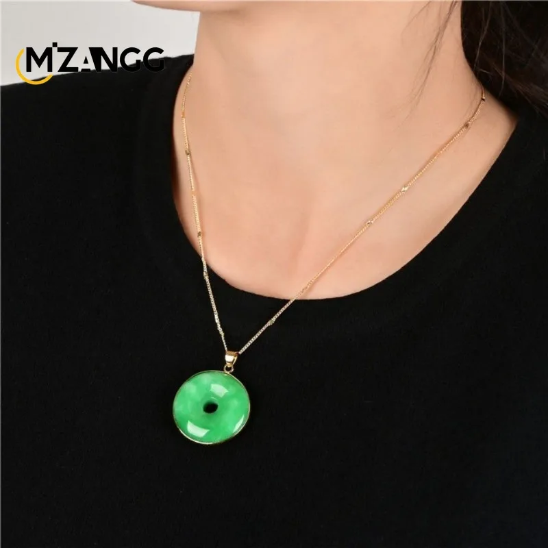 925 Silver Inlaid Natural Yang Green Jade Peace Buckle Pendant Men's and Women's Lutong Jadeite Necklace Exquisite Jewelry