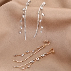 Korean Fashion Long Crystal Tassel Clip on Earrings For Women Jewelry 2024 Trending New Luxury Zircon Women's Earrings