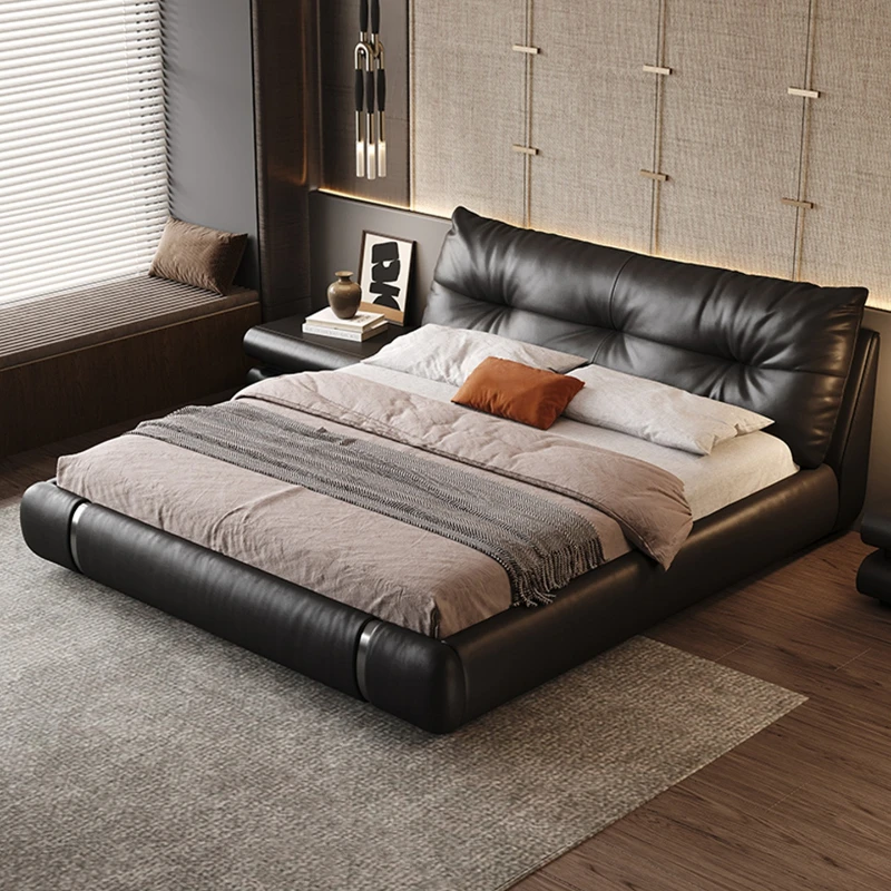 

Minimalist leather bed high PC and console game lying soft bag modern simple black bed 1.8 meters new storage bed