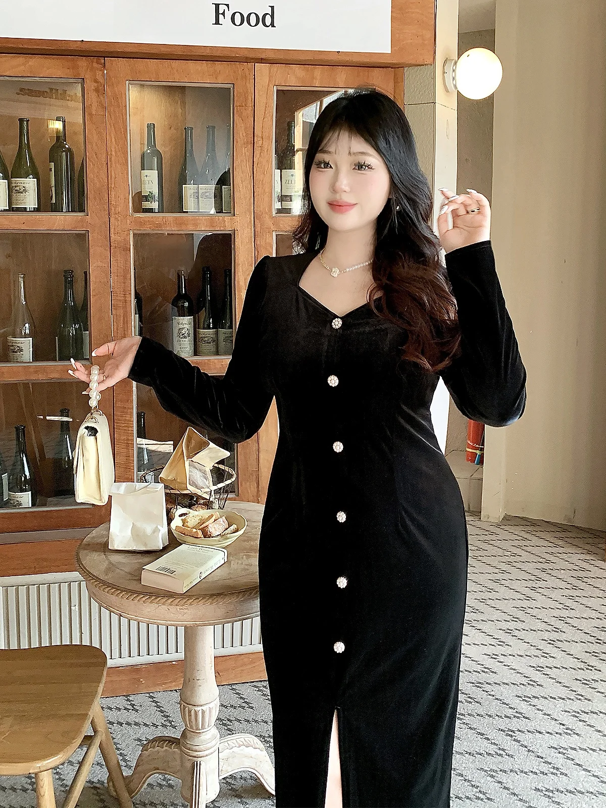 

Ele plus Size Velvet Dr with Slit Retro Hepburn Sle Slimming High Waist Long Sve Mid-Length Women's Faion