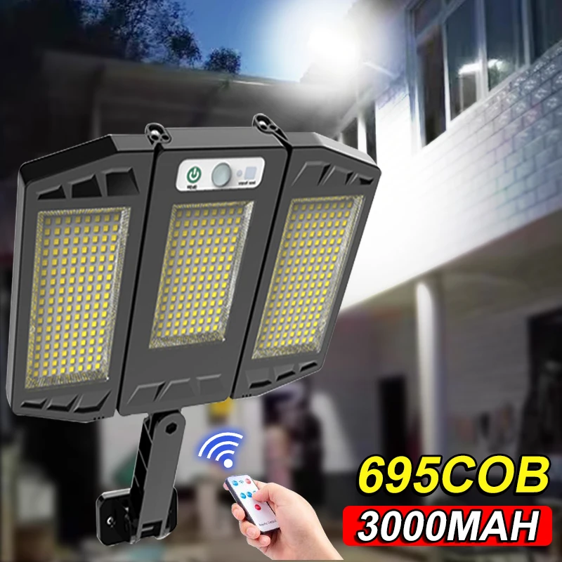 246/895/695 COB Solar Street Lights Outdoor 3 Head Motion Sensor 270 Angle Wide Lighting Waterproof Remote Control Wall Lamp