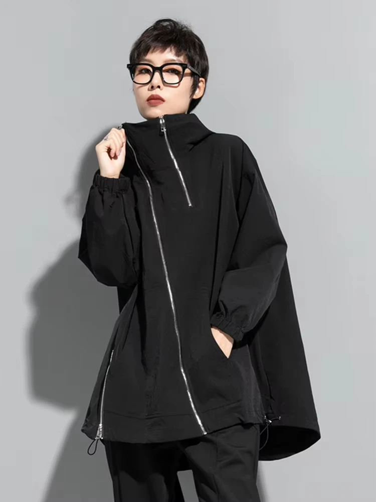 Loose Black Zipper Irregular Big Size Long Jacket New Hooded Long Sleeve Women Coat Fashion Spring Autumn 2024 1DF1658