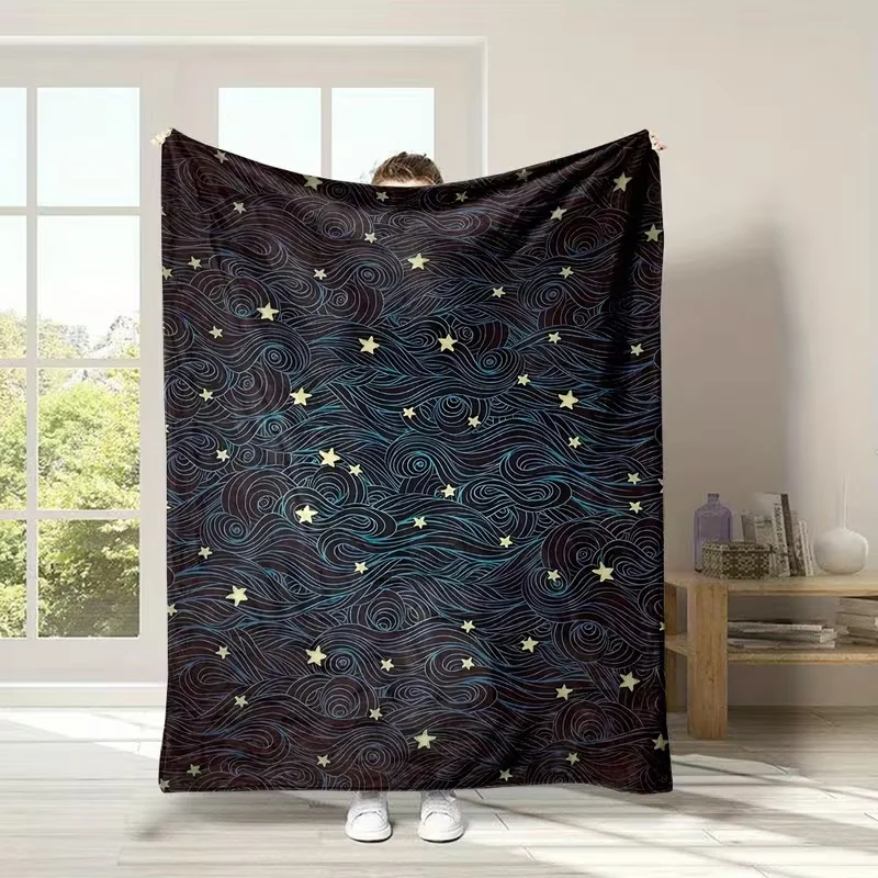 Black Galaxy Starry Sky Curved Meteor Yellow Star Print Throw Blanket Soft Warm Sofa Bed Blanket Dreamy Night Sky Decor