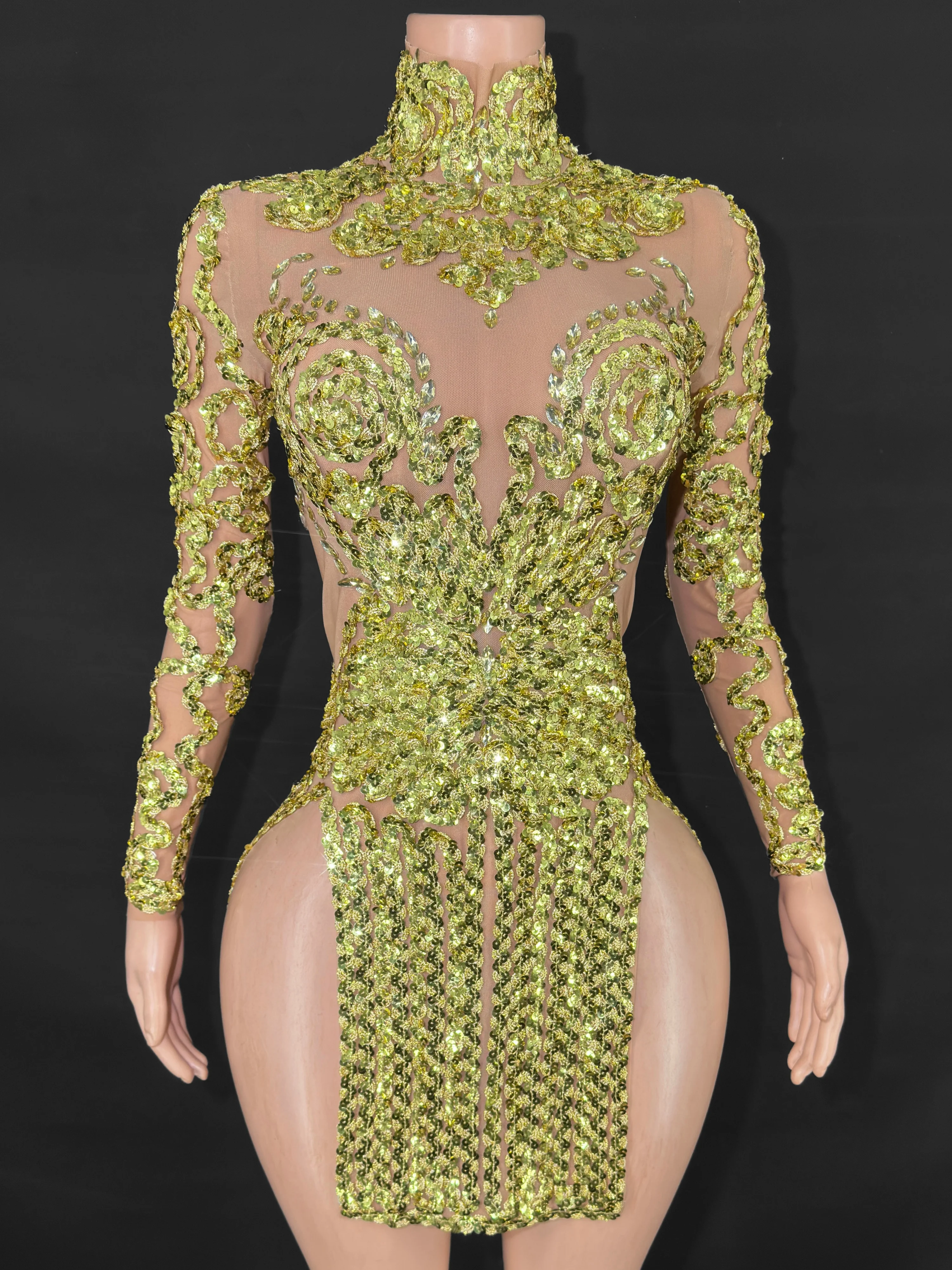 

Гламурное сексуальное облегающее мини-платье с длинными рукавами и блестящими пайетками, сетчатое прозрачное коктейльное вечернее клубное сценическое нарядное платье