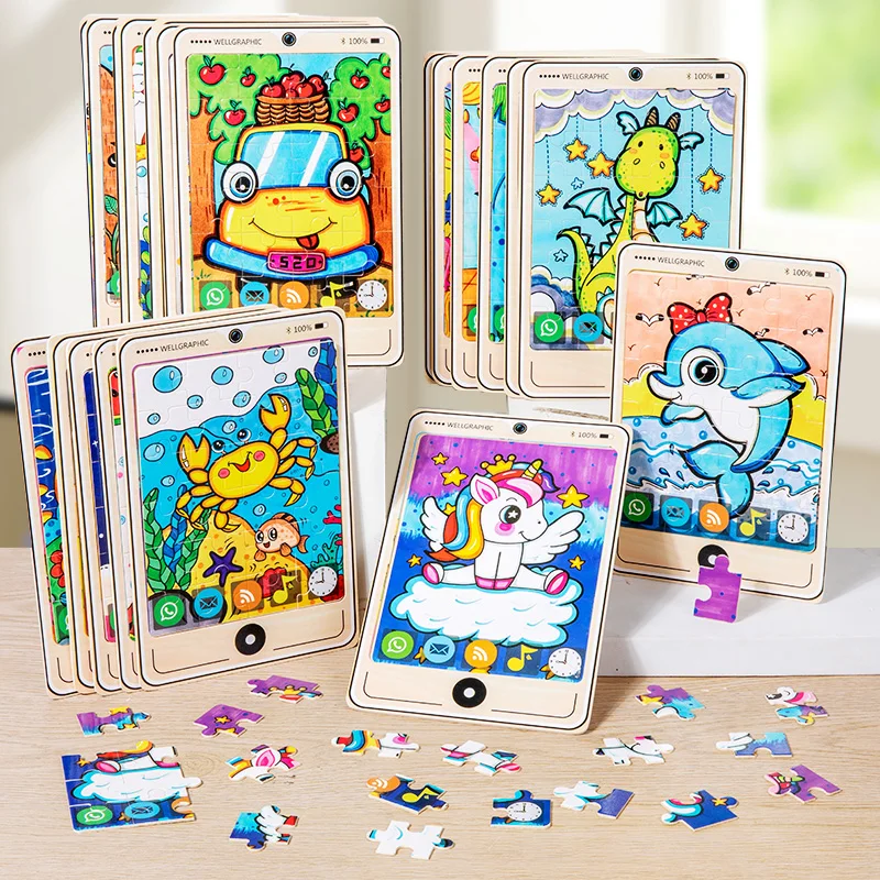 1pc Phone Model Wooden Puzzles for Kids Cartoon Animal Jigsaw Children Early Learning Educational Toys Montessori Games Gifts