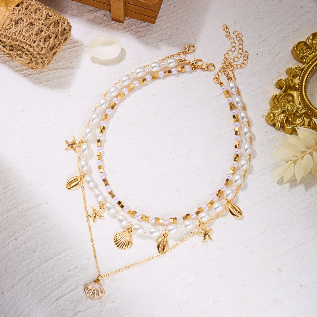 Mehrlagige Halskette mit imitierten Perlen, Herzanhänger aus weichem Ton, Muschel- und Seesternanhänger für Damen und Herren, Sommer-Muschel-Choker, Schmuckgeschenk – Detail 12