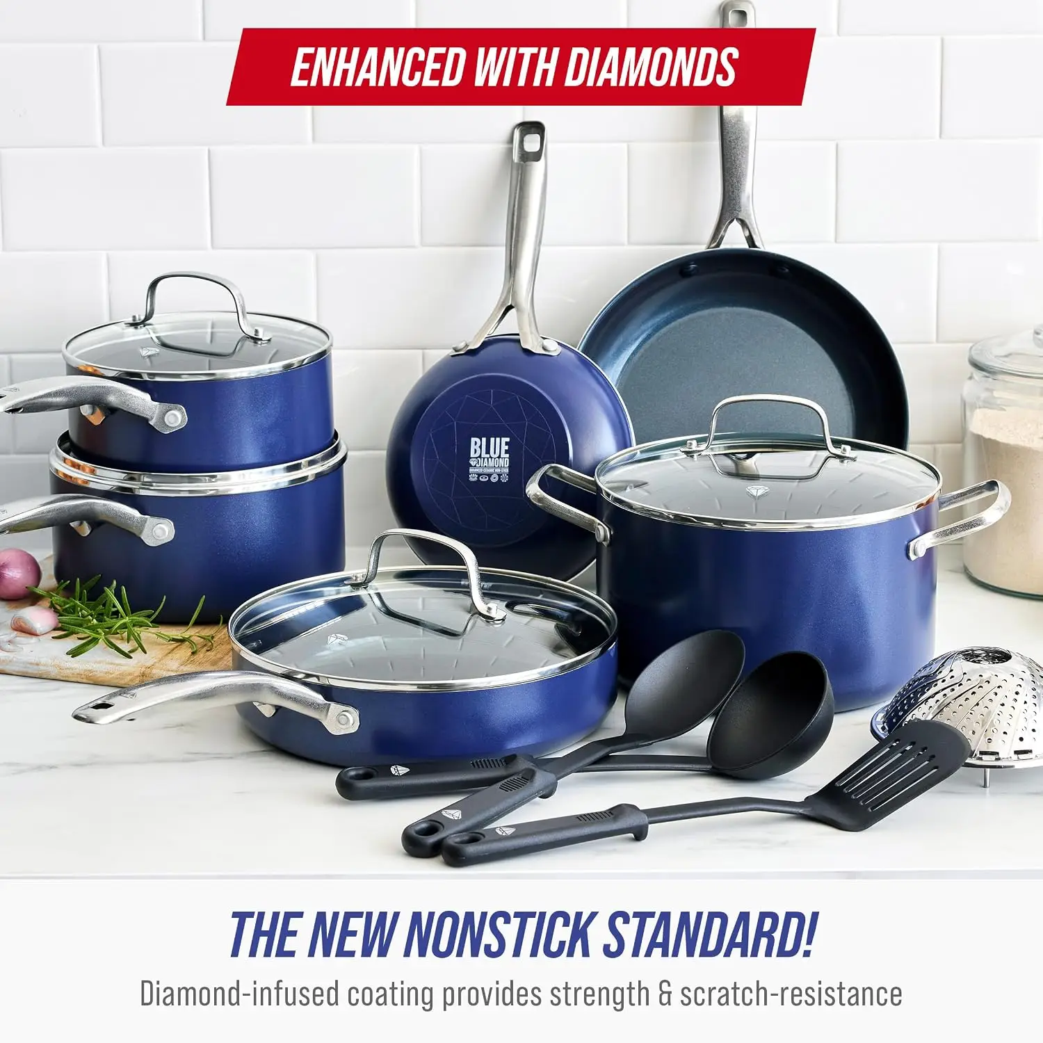 14 Piece Cookware Set, Diamond Infused PFAS & PFOA-Free Ceramic Nonstick Pots and Pans, Durable, Non Toxic, Metal Utensil Safe &