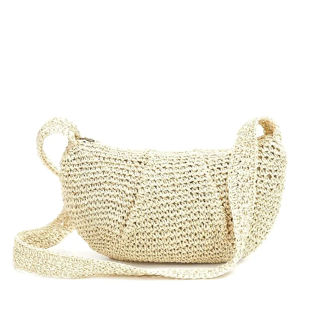 

Small Pleated Crescent Straw Woven Crossbody Bag for Women, Ruched Handmade Summer Beach Shoulder Purse Handbag