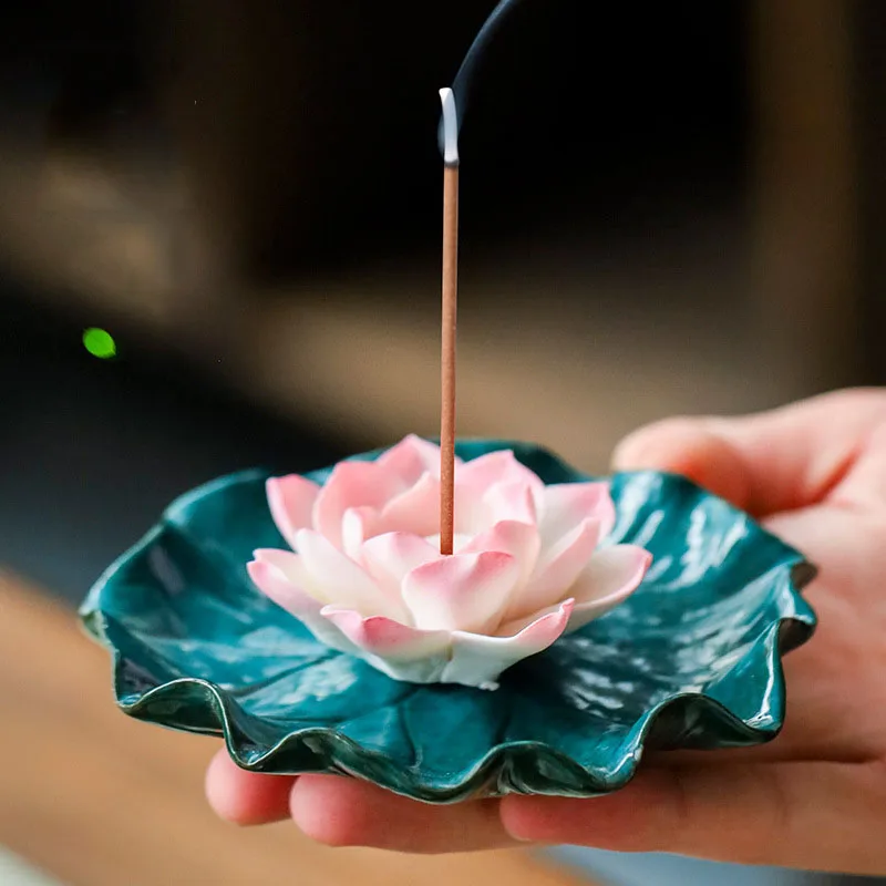 Handgefertigtes Weihrauchtablett aus Keramik mit Blumenfadenimitat – Aroma-Diffusor für Zuhause, Teestube, Lotusblatt-Basis, Buddha-Halle, Weihrauchbrenner – Detail 12