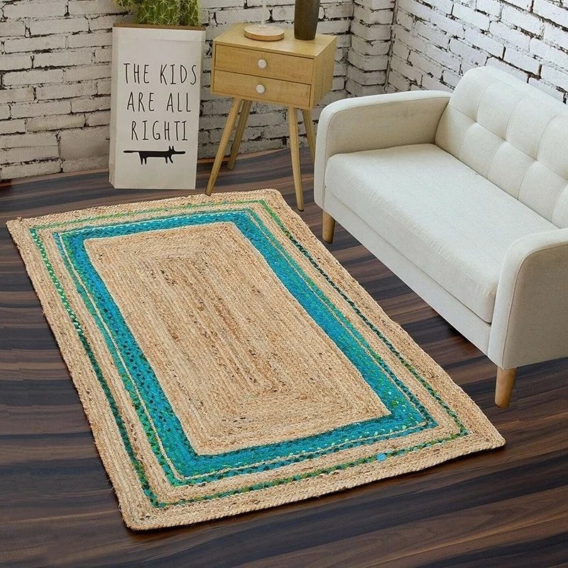 

Rug Natural Jute and Cotton Carpet Handmade Weave Jute Primary and Blue Reversible Carpet Modern Look Floor Decor Mat