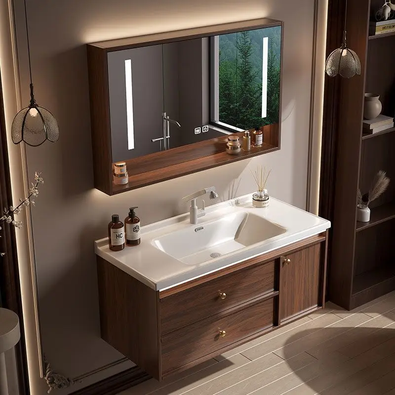 Walnut antique bathroom cabinet wash basin ceramic all-in-one bathroom chinoiserie wash basin combination