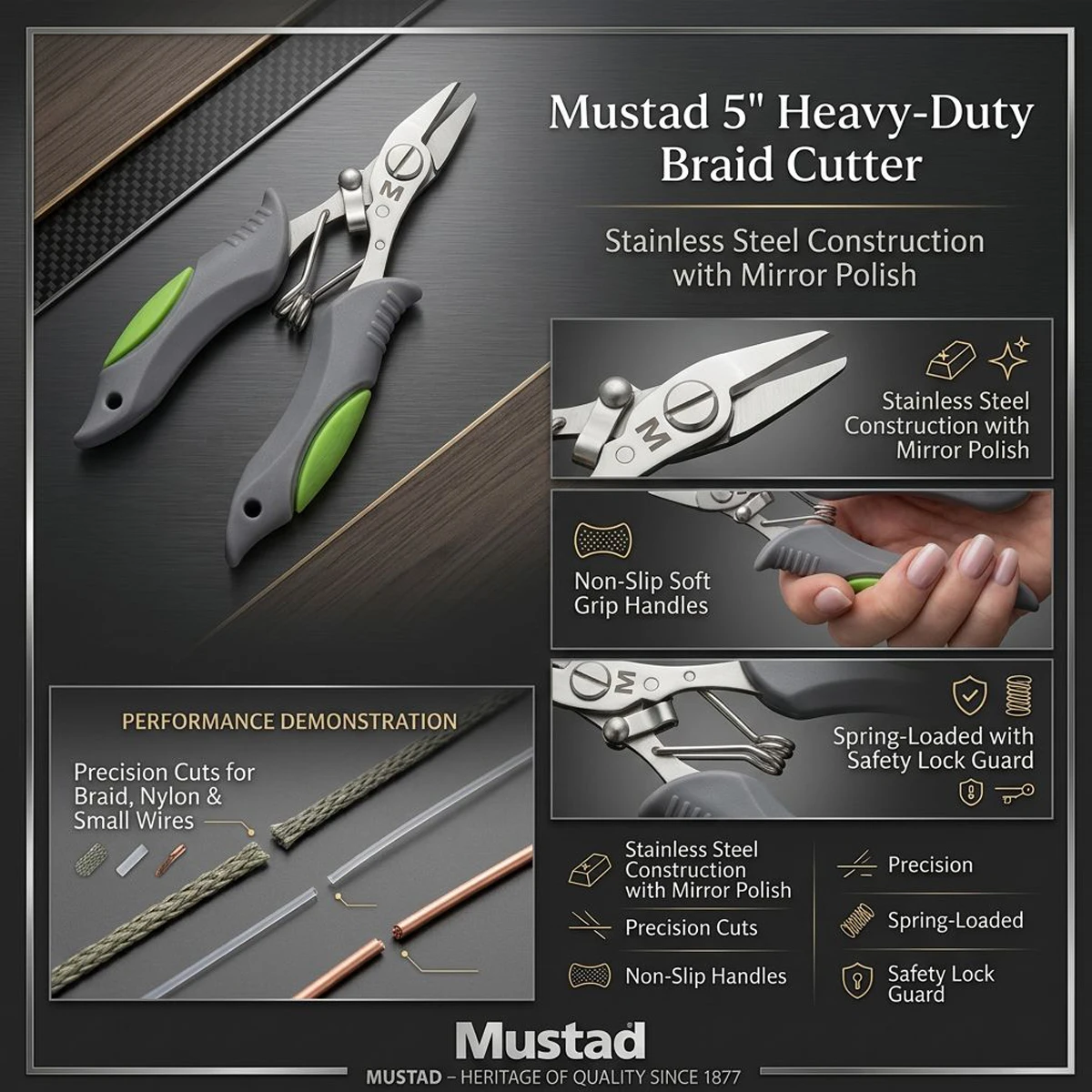 Mustad 5-Zoll Angelschere, Hochleistungs-Geflechtenschneider aus Edelstahl mit Spiegelpolitur, Soft-Grip-Griffen & Sicherheitsverriegelung für Schnüre – Detail 2