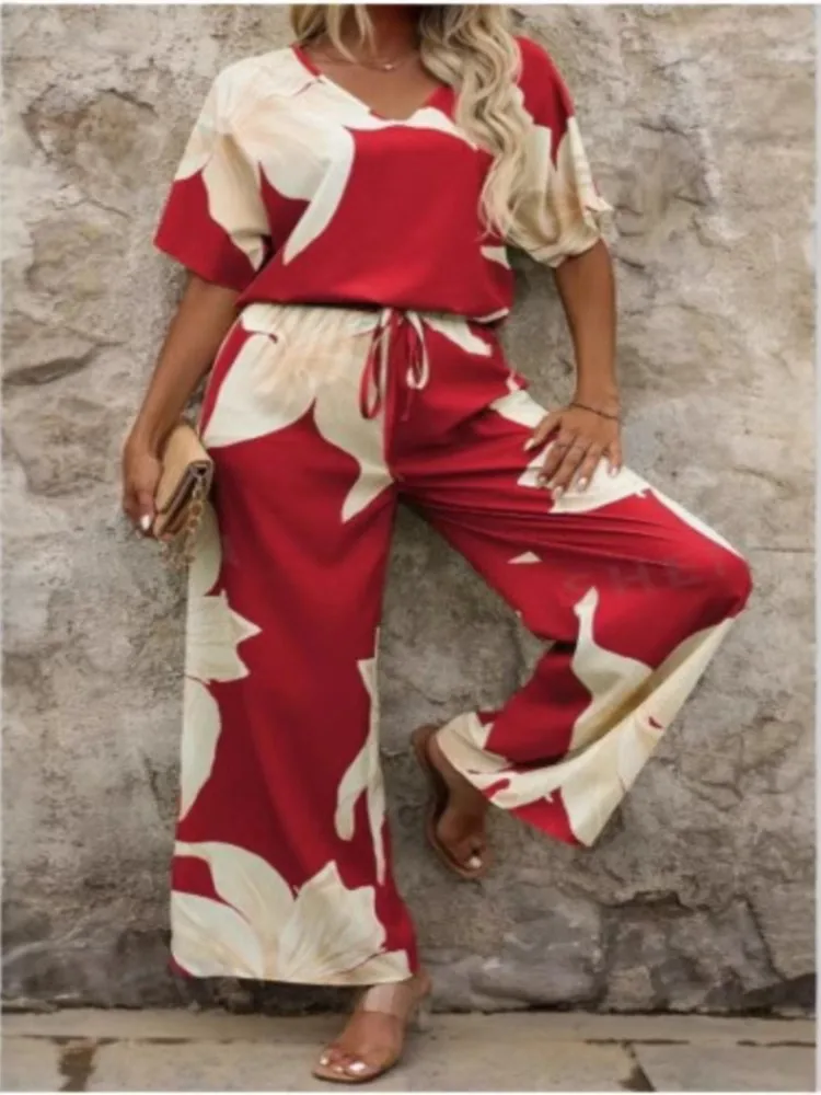 

Summer Beach Vacation Two Piece Set Women Fashion Casual Short Sleeve V-neck Loose Printed Top Pockets Long Pants 2 Piece Sets