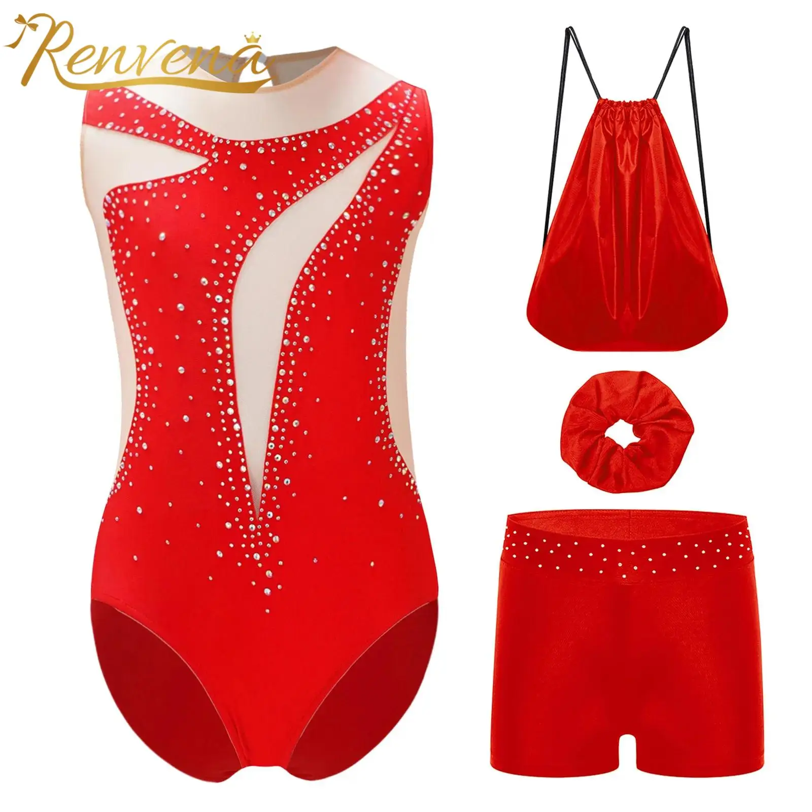 Children Stage Dance WearKids Girls Figure Skating Dance Outfit Sleeveless Shiny Rhinestone Gymnastic Leotard with Shorts Suits