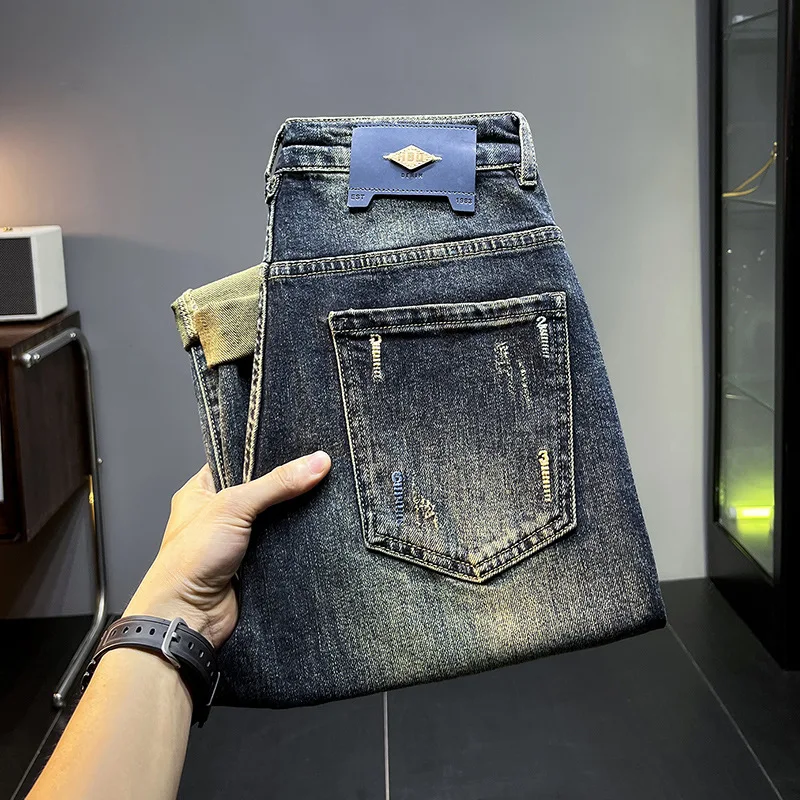 

Vintage Blue Jeans for Men 2024 New Autumn and Winter Trends Fashion Wash Distressed Casual Stretch Slim Fit Denim Pants