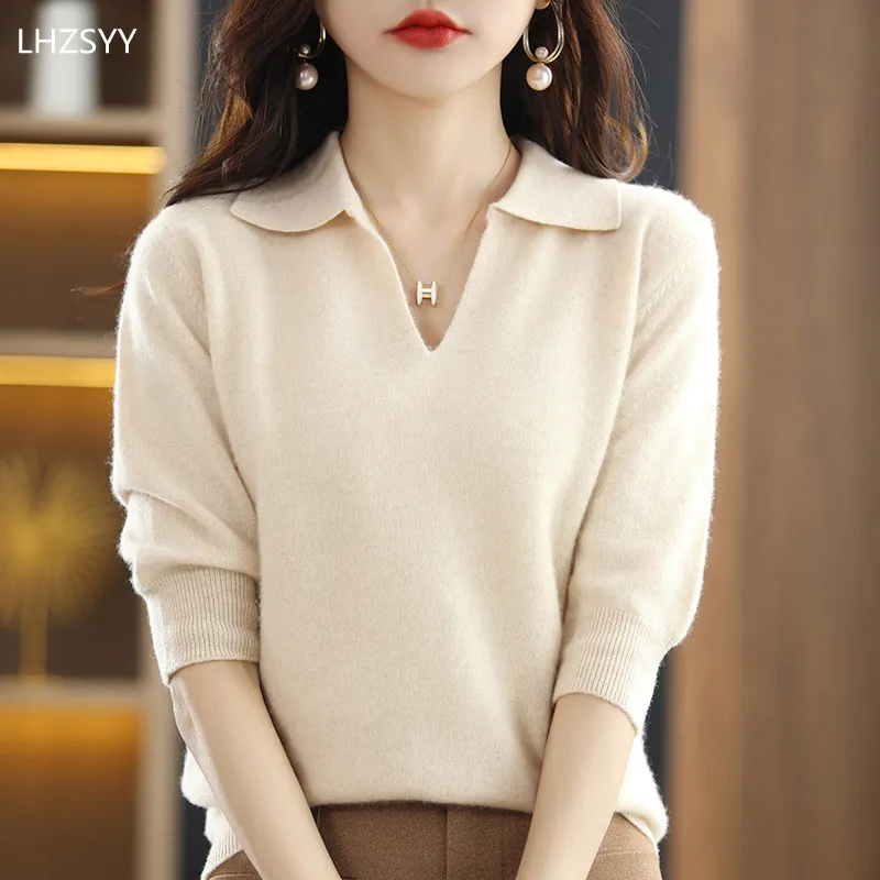 2024 Spring New Cashmere Sweater Women\'s T-Shirt 100% Pure Wool Knitted Sweater Loose lapel Top Thin Pullover Short-Sleeve Trend