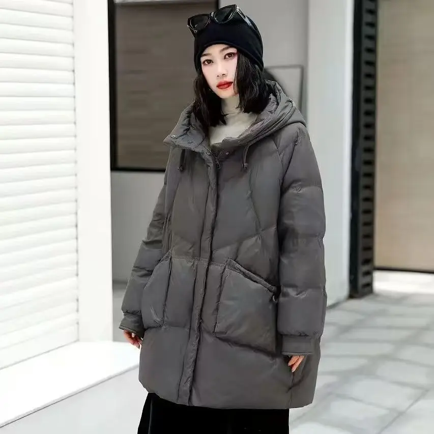 Fashionable Winter Women's Down Jacket Loose Hooded White Duck Down Commuting Jacket