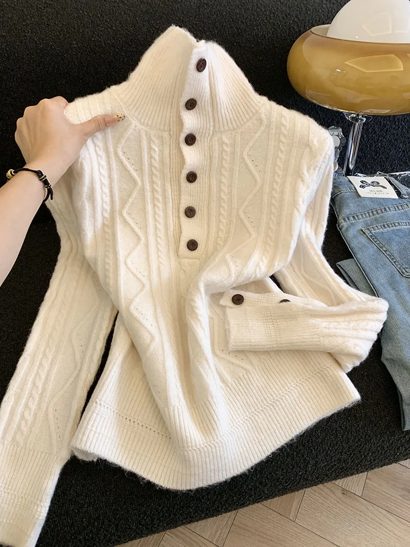 

Fashionable New Lazy High Neck Buttoned Flower Pullover Sweater with Retro Velvet Texture, Slimming Knit Top for Women