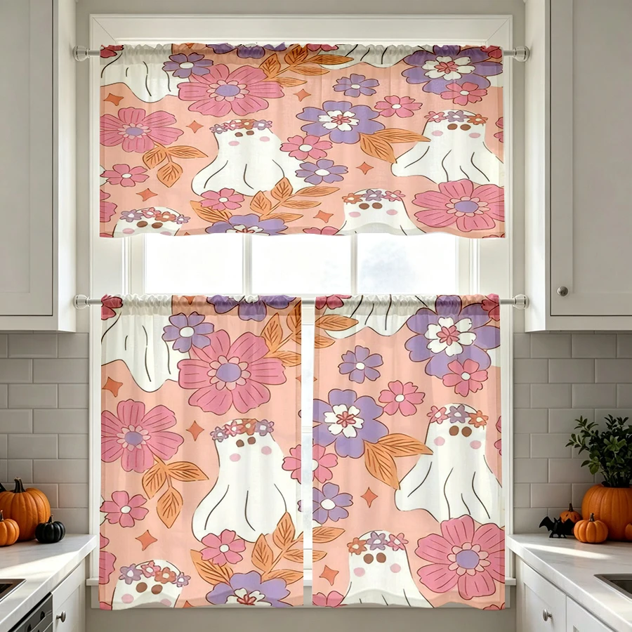 Halloween Fall Kitchen Curtains, Pink Ghost Floral Wreath, Digital Print, Kitchen Dining Room, Rod Pocket Polyester, Home Decor