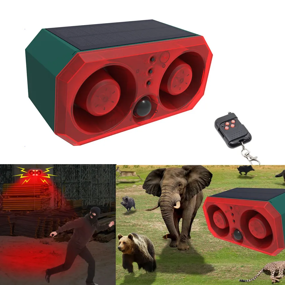 Solar Alarm Animal Repeller Two Speakers Recording Motion Detection Alarm Sensor Flash Sensing Extra Large Volume