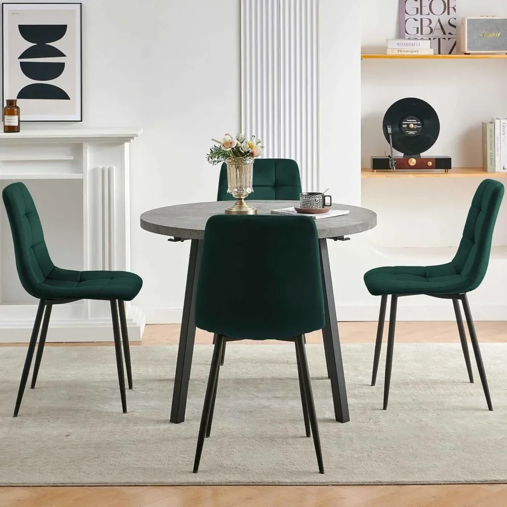 5 PCS Dining Room Table Set, Grey Kitchen Table with Hooks for Hanging, Thick MDF Tabletop, 4 Dark Green Velvet Living Room