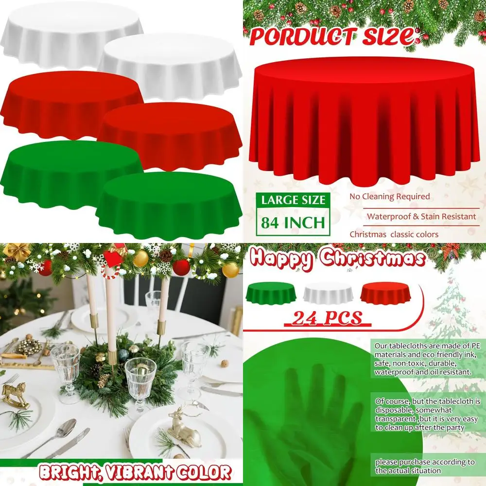 

Round 84 Christmas Plastic Tablecloths, 24-Pack, Waterproof, Red Green White for Festive Party Decor
