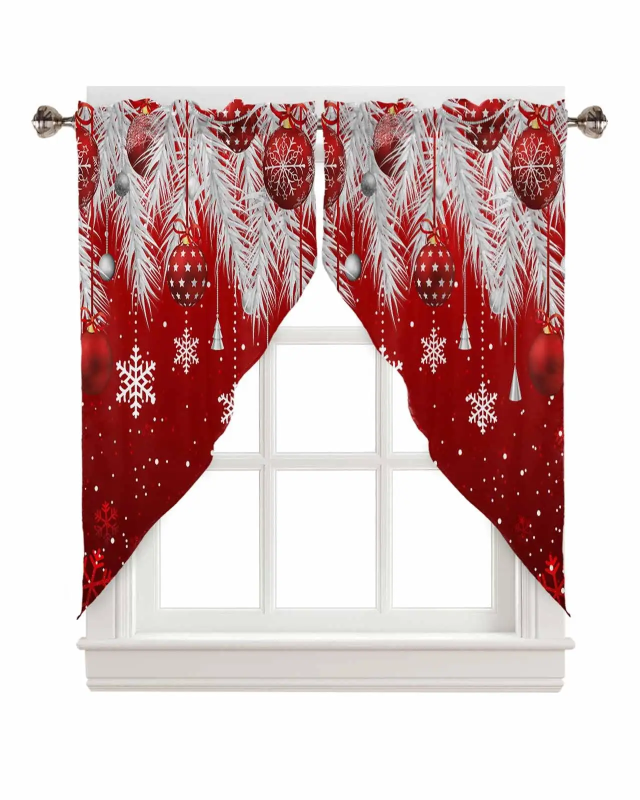 

Red Xmas Balls Sliver Pine Tree Rod Pocket Kitchen Valance Curtains Scalloped Swag Curtains for Living Room Bathroom Window