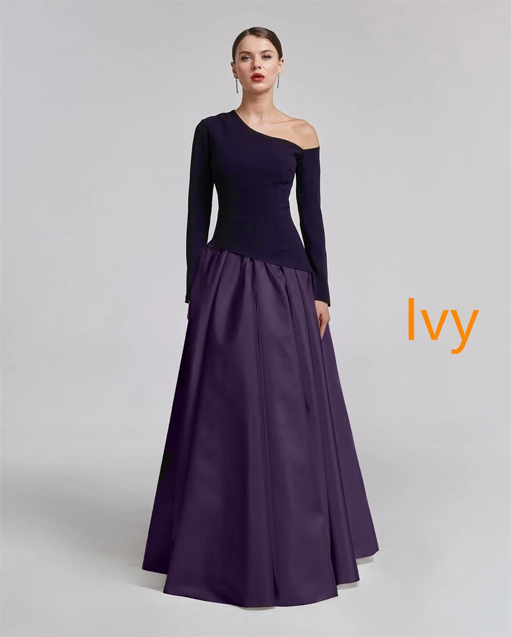 فستان سهرة أنيق من الساتان الأرجواني مخصص بسيط بكتف واحد وأكمام طويلة فستان الحفلات بطول الأرض Pr #6