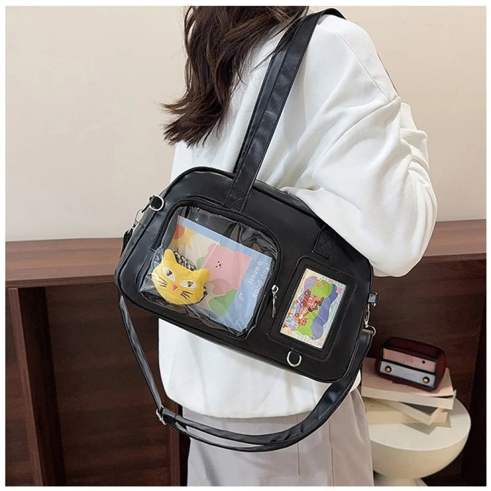 Y2K Simple Ita Shoulder Bag Cute Girls Transparent Crossbody Bag Large Capacity Anime DIY Display Handbags Commuting Bowling Bag
