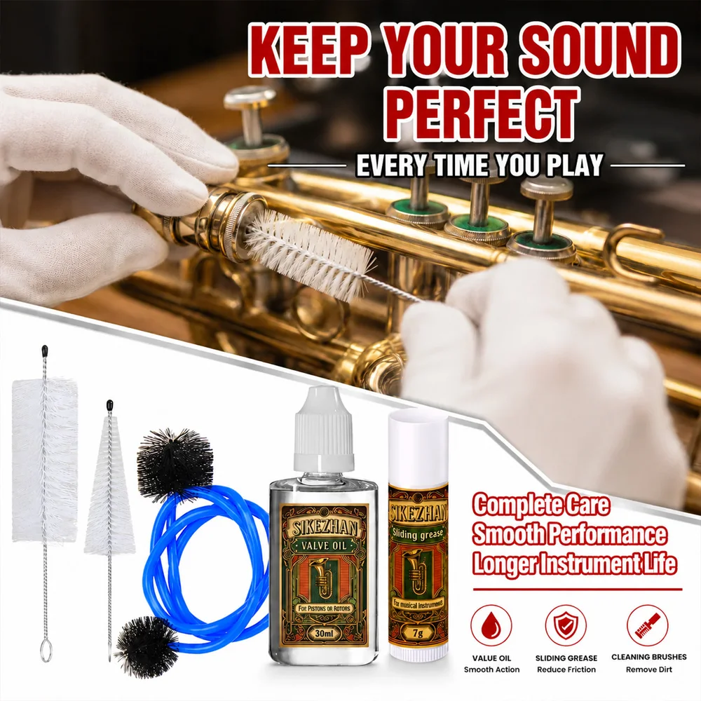 30ml+7g Musical Instrument Lubricant Kit Valve Oil Sliding Grease Cleaning Brush Snake Set for Trumpet Brass Maintenance