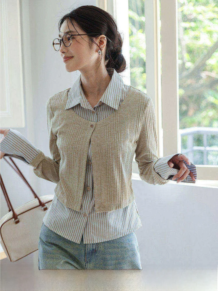 

Khaki Ne Striped Knitted Patchwork Long Sve Casual irt Women's Autumn New Sle Resistant to Deformation Top