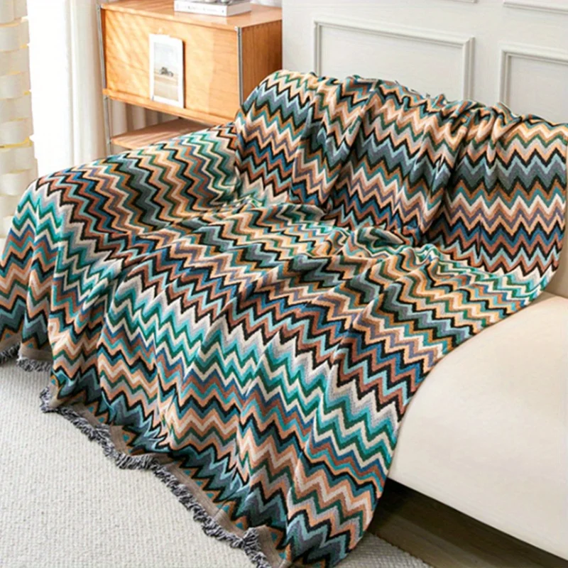 1PC Ethnic Sofa Towel Wave Print Jacquard Sofa Blanket, With Tassels Four Seasons Universal Double Face Usable Home Decor