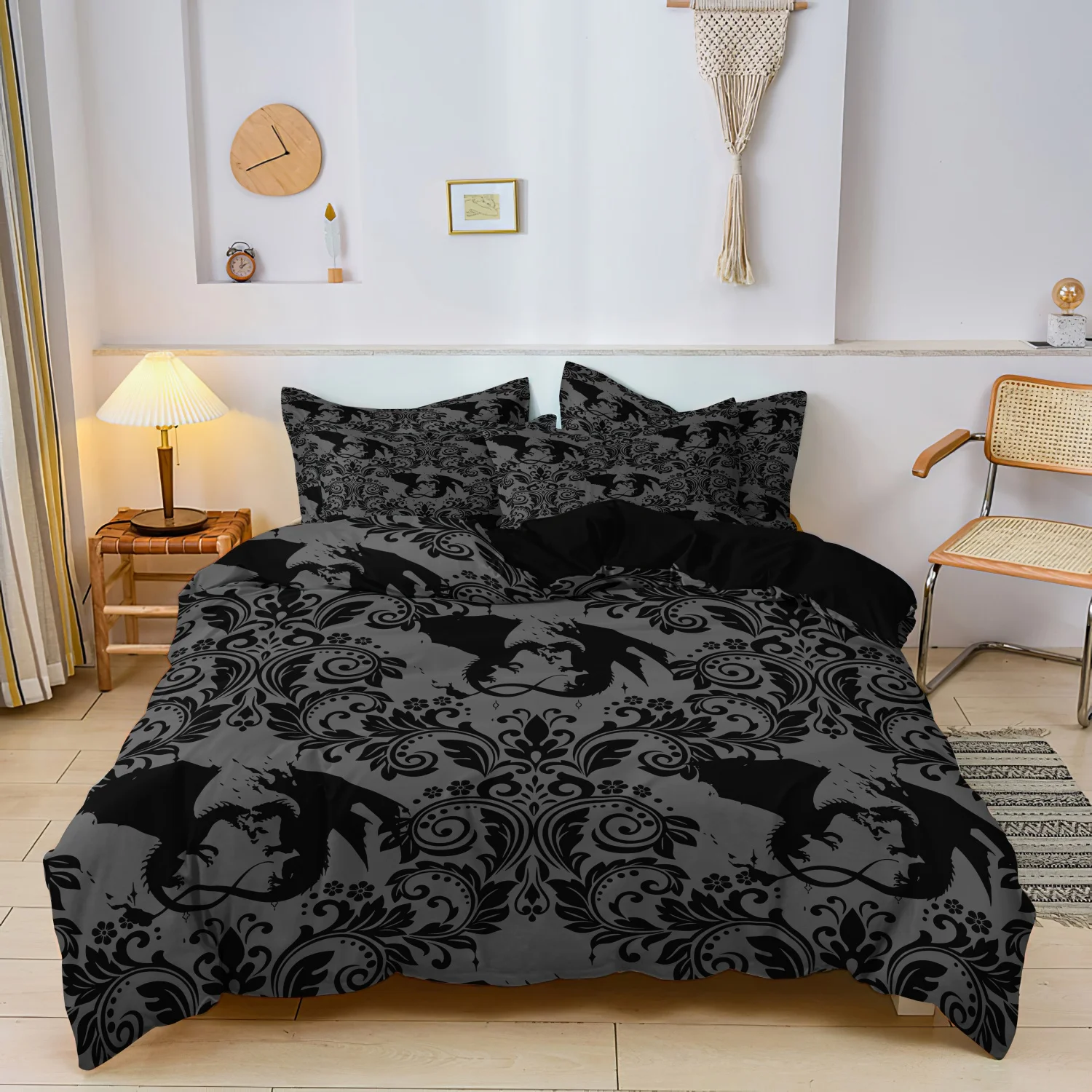 Grey Black Gothic Dragon Scroll Print 3 Pieces Duvet Cover Set, Vintage Baroque Floral Flying Dragon Silhouette Print Bedding