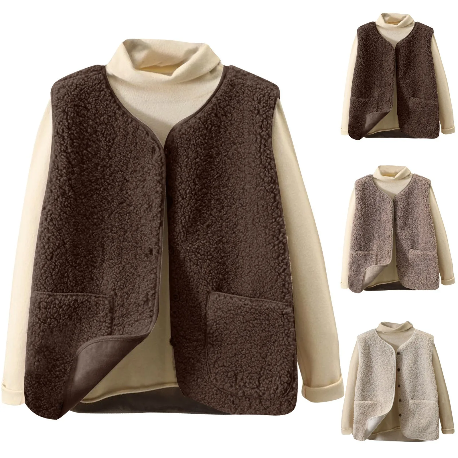 Herfst Winter Dames Vest Mode O-hals Single Breasted Mouwloos Warm Vest Casual Imitatie Lamswol Dubbelzijdig Vest