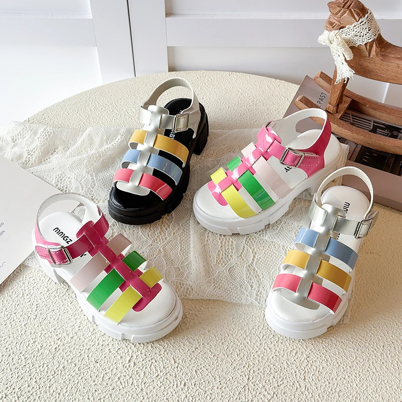 Girls Rainbow Gladiator Sandals Chunky Fashion Chic Kids Summer Shoes Hook-loop Hollow-out Casual Daily Children Sandal 27-36