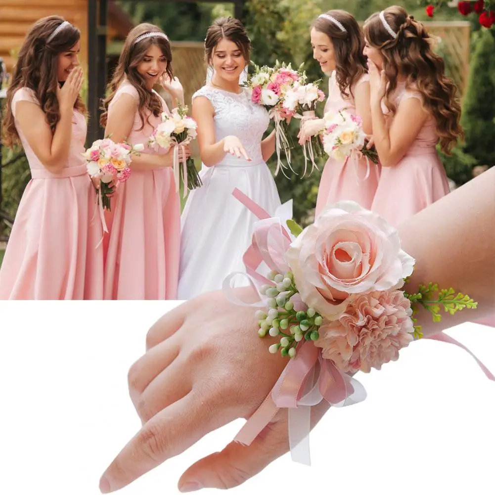 Wedding Wrist Flower Corsage for Men Women Multi-color Decorate Elegant Bride Groom Fake Wrist Corsage for Wedding Party Supply