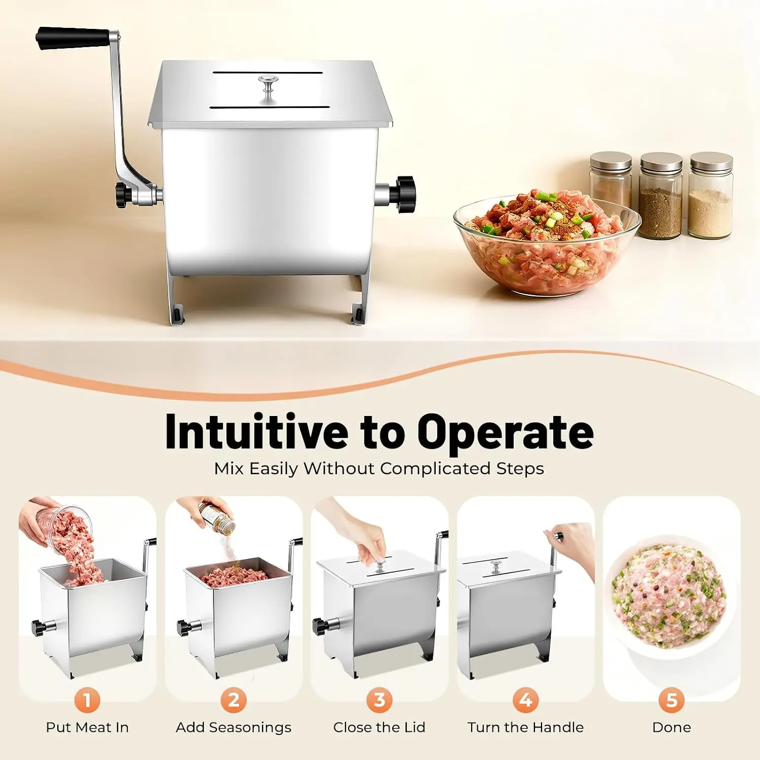 Manual Meat Processing Equipment, 20 lbs Sausage Meat Mixer & Bratwurst Mixing Machine, 304 Stainless Steel Manual Meat Grinder for Seasonings