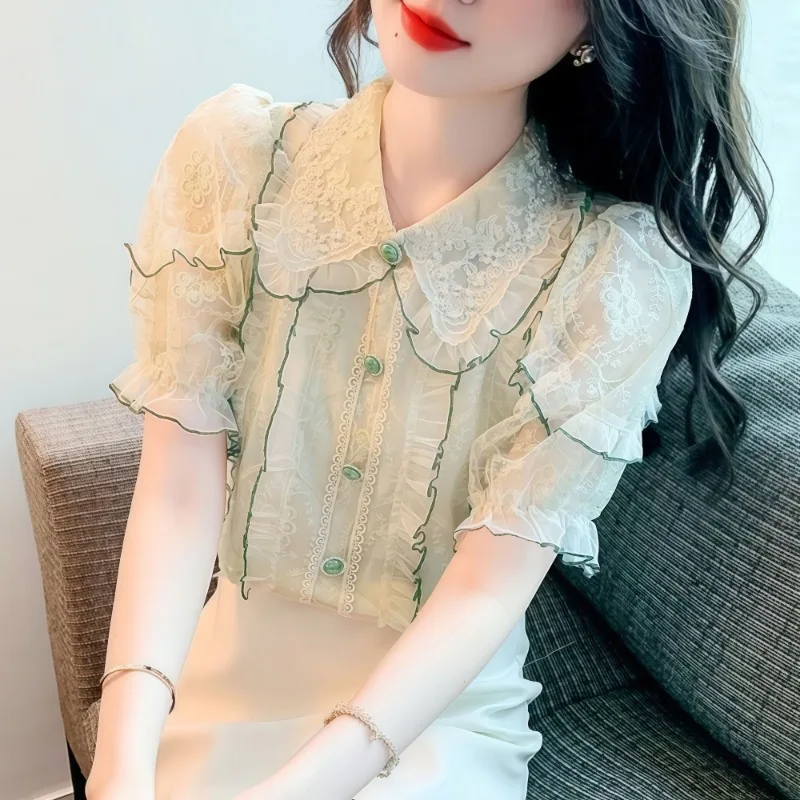 

French Bubble Sleeve Chiffon Lace Embroidery Crochet Shirt