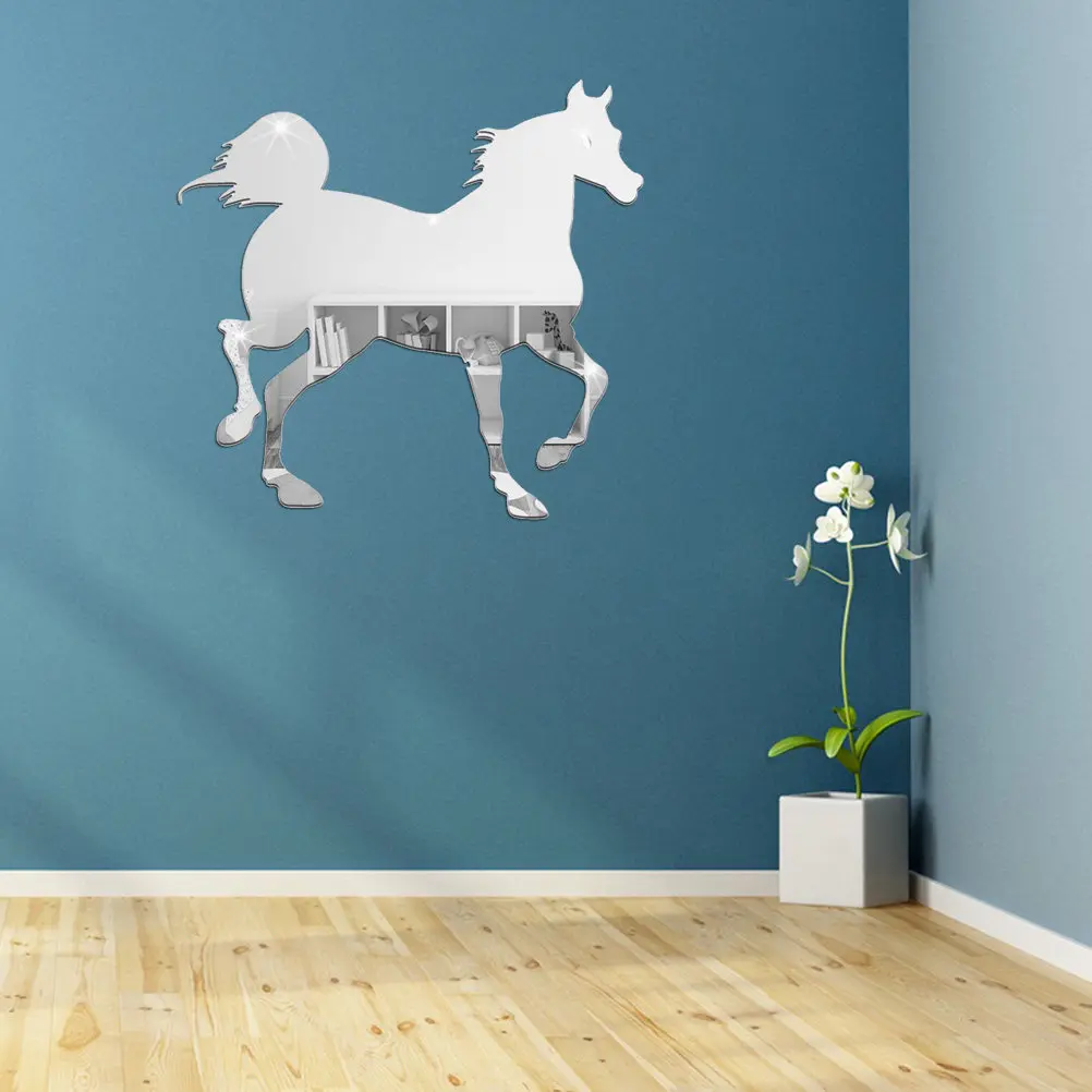 DIY Acrylic Running Horse Shaped Mirror Surface Wall Sticker Silver Home Decor Waterproof Expand Space Mirror Wall Sticker