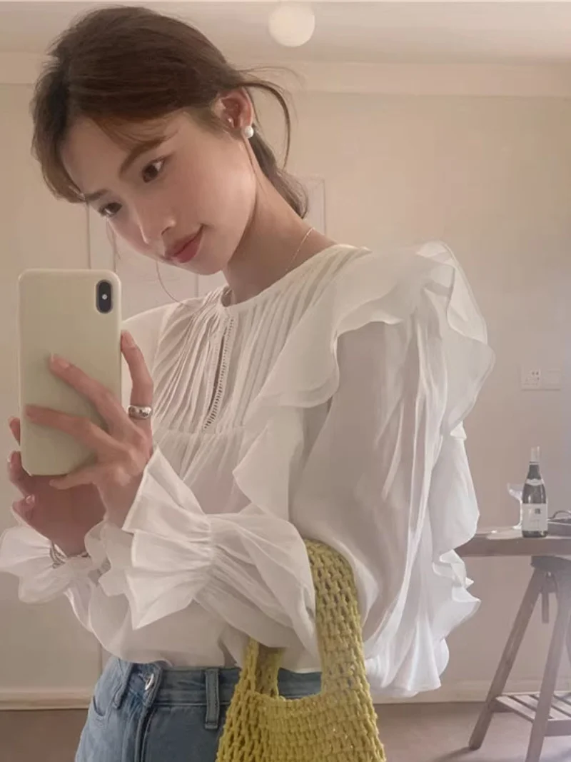 

Chic Sweet Fene Lace Trim Blouse Women's Design Sensation round Ne Long Sve Chiffon Top Korean Sle Flared Sve