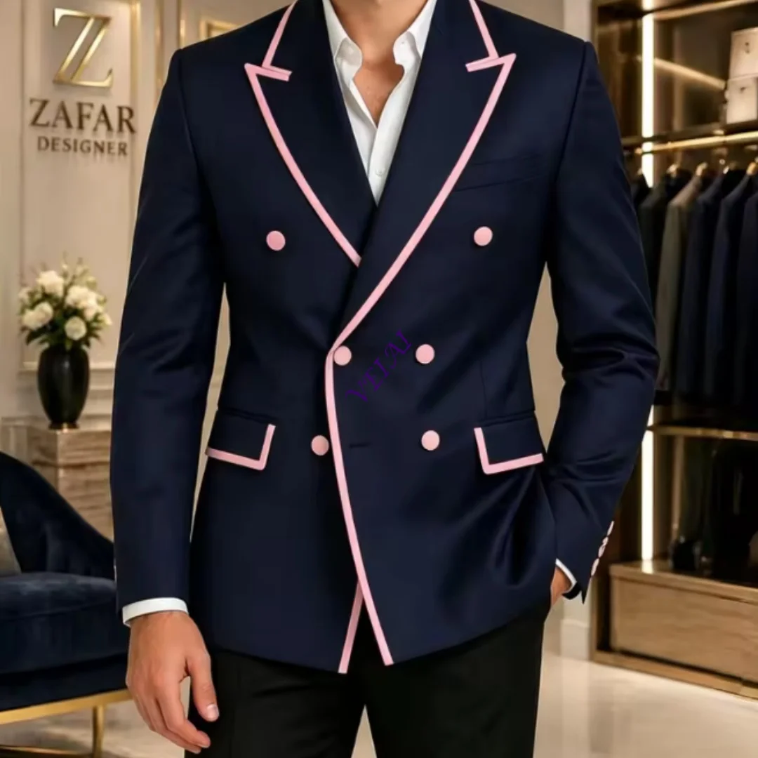 Customized Luxury Piping Double Breasted Men Suits Slim Fit Wedding Tuxedo 2 Pieces Formal Blazer Pants Set Groom Guest Prom Par