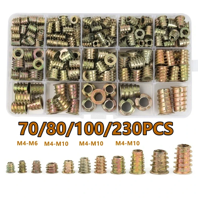 80/100/230x Hex Antriebskopf Flansch Möbelmutter für Holzgewindeeinsatz Sechskantmuttern verzinkt Sortiment Kit M4 M5 M6 M8 M10