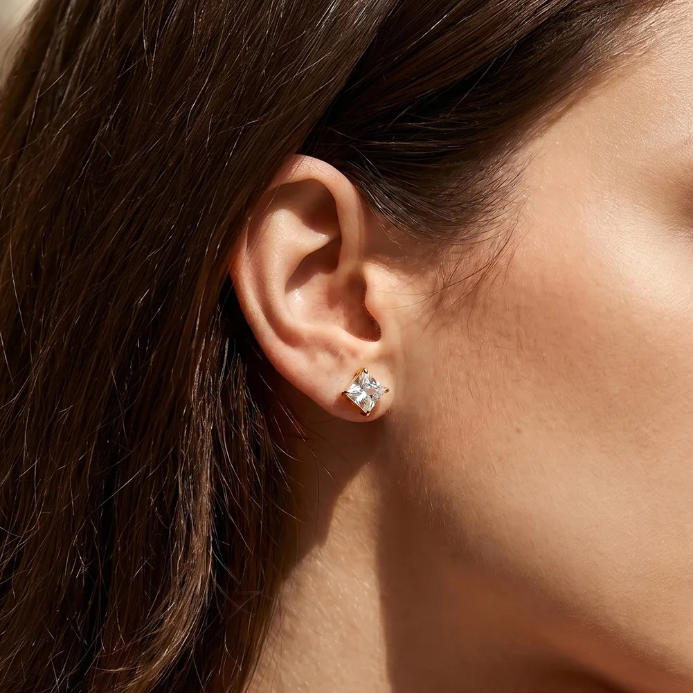 18K Gold Plated 316 Stainless Steel Square Princess Cut 5A Cubic Zirconia Stud Earrings Minimalist Women Wedding  Jewelry Gift