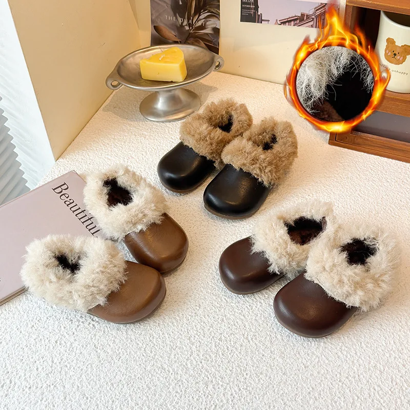 

Kids Casual Flat Shoes Round Toes Cute Girls Princess Shoes Pu Leather Soft 2025 Winter New Children Warm Shoes with Thick Fur