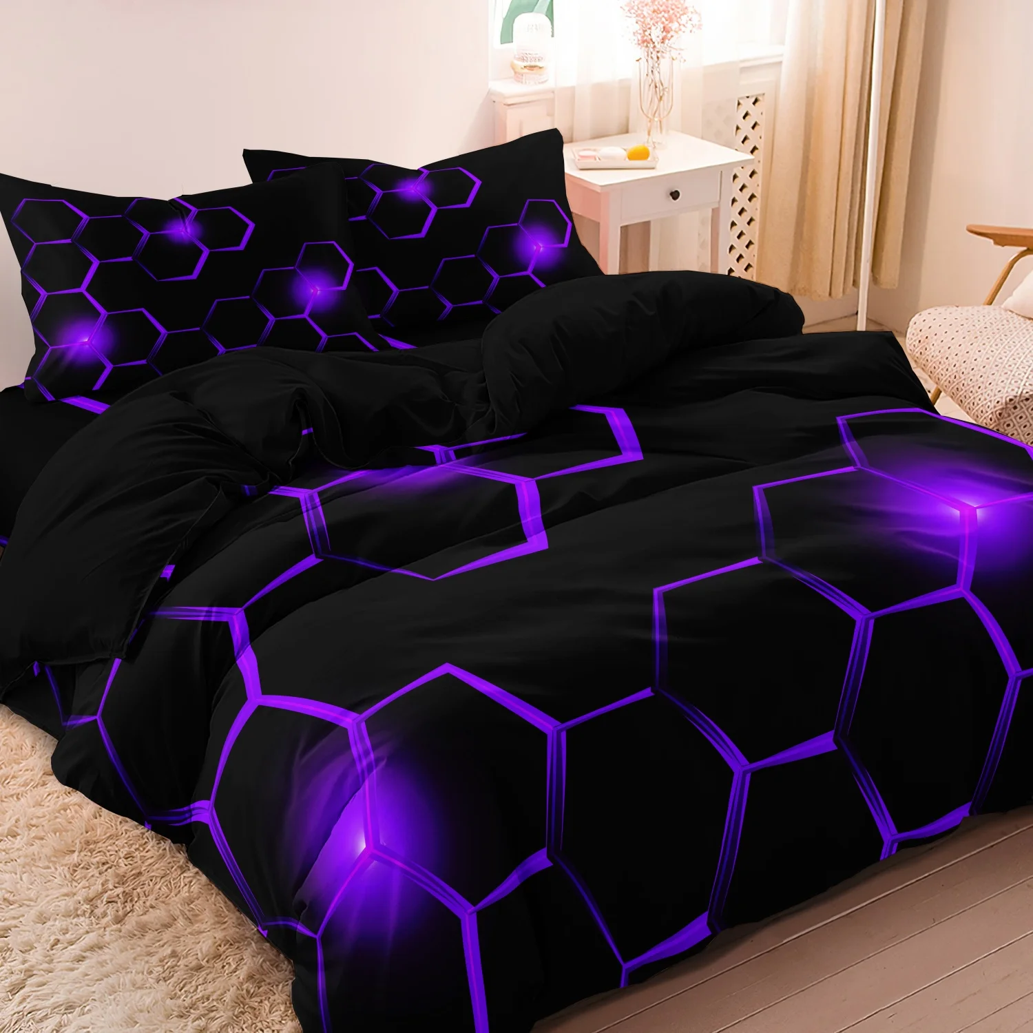 Juego de 3 Fundas de Edredón con Estampado Hexagonal, Suaves y Cómodas, para Dormitorio y Habitación de Invitados - Incluye 1 Funda de Edredón y 2 Fundas de Almohada
