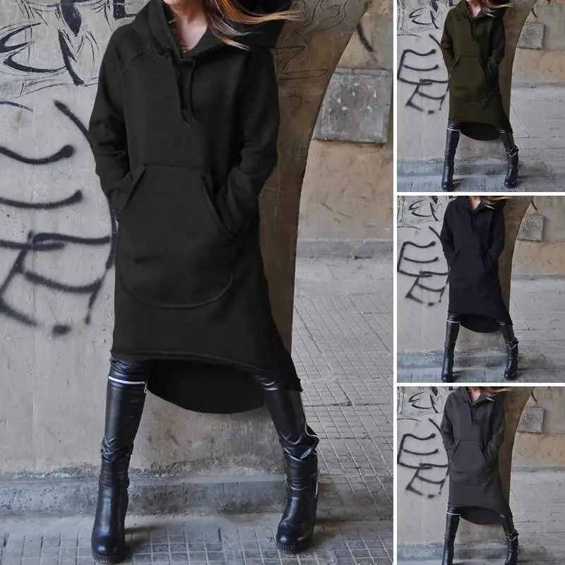

Women's Long Sleeve Hoodie Dress New Loose Slimming Fleece Mid-Length Knee-Over plus Size Long Skirt Street Style Pure Color