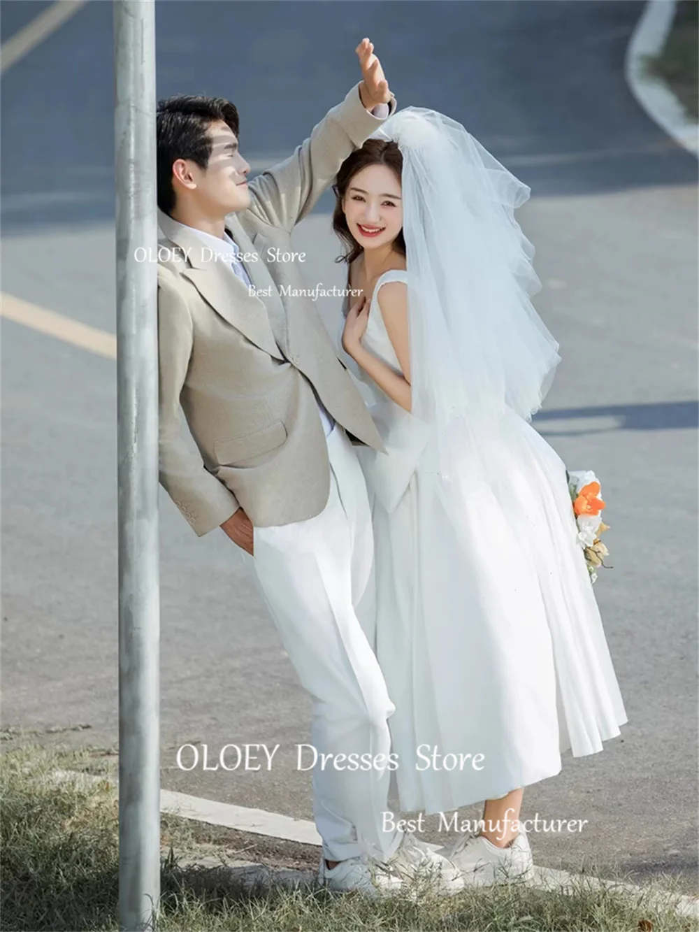 OLOEY Korea Simple Wedding Dresses Photoshoot Square Collar A-Line Mid-Calf Length Satin Bridal Gowns Corset Back Custom Made