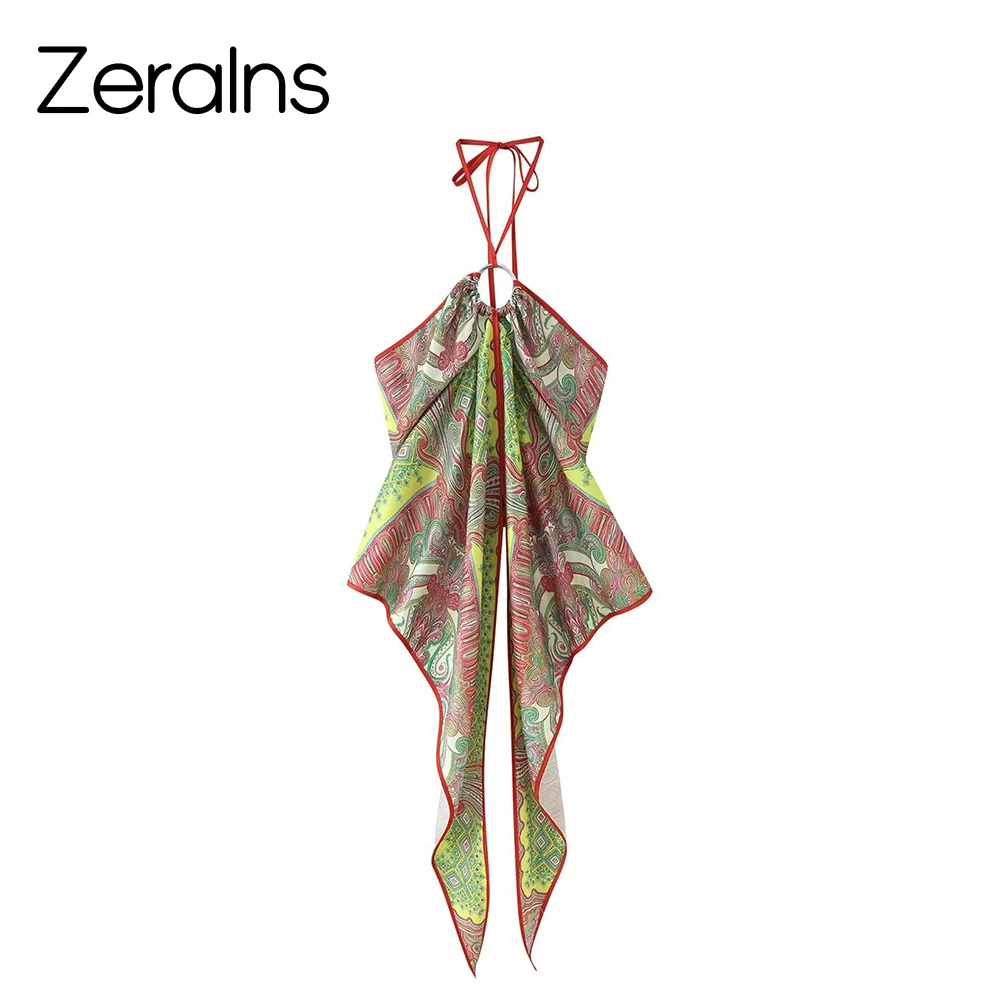 ZERAINS Women's 2026 Summer New Sexy Style Paisley Satin Printed Hanging Neck Wide Leg Pants Set